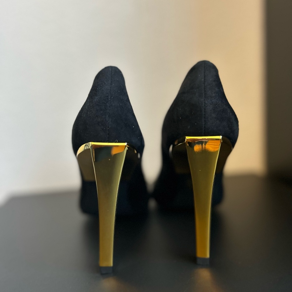 Jeffrey Campbell Conspiracy Cap Toe Pump Metallic Gold Black Suede Size 7.5 - Picture 5 of 10